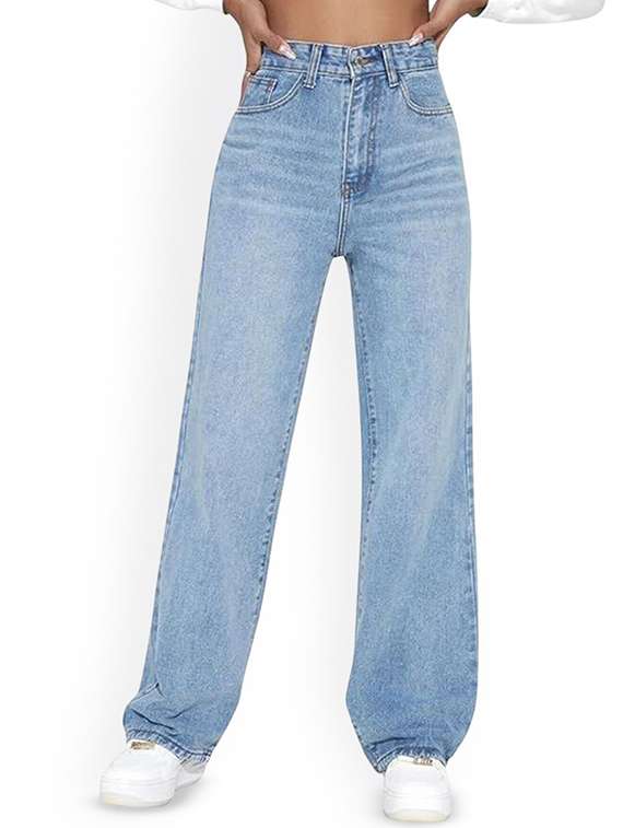 women solid high rise relaxed fit jeans