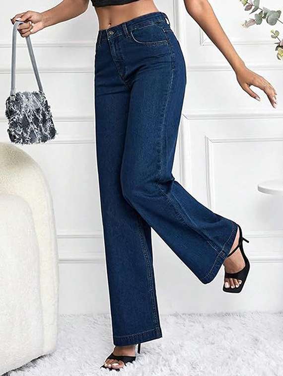 women solid high rise wide leg jeans