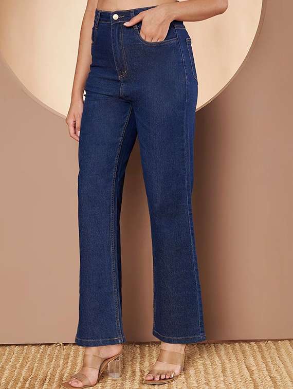 women solid high rise straight jeans