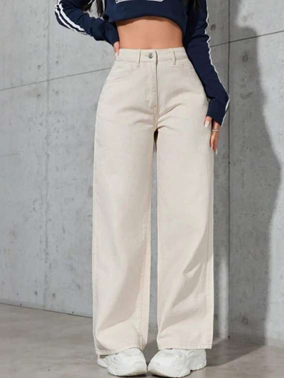 women solid high rise wide leg jeans