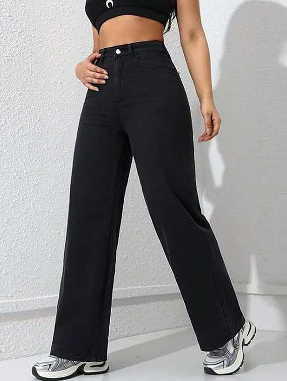 women solid high rise straight jeans