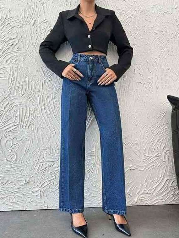 women solid high rise straight jeans