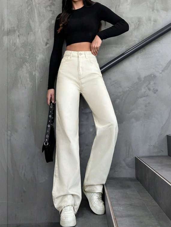 women solid high rise wide leg jeans