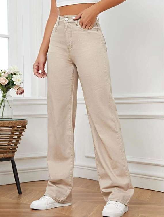 women solid high rise wide leg jeans