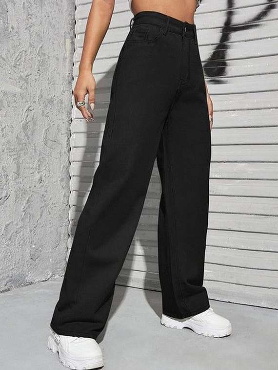 women solid high rise straight jeans