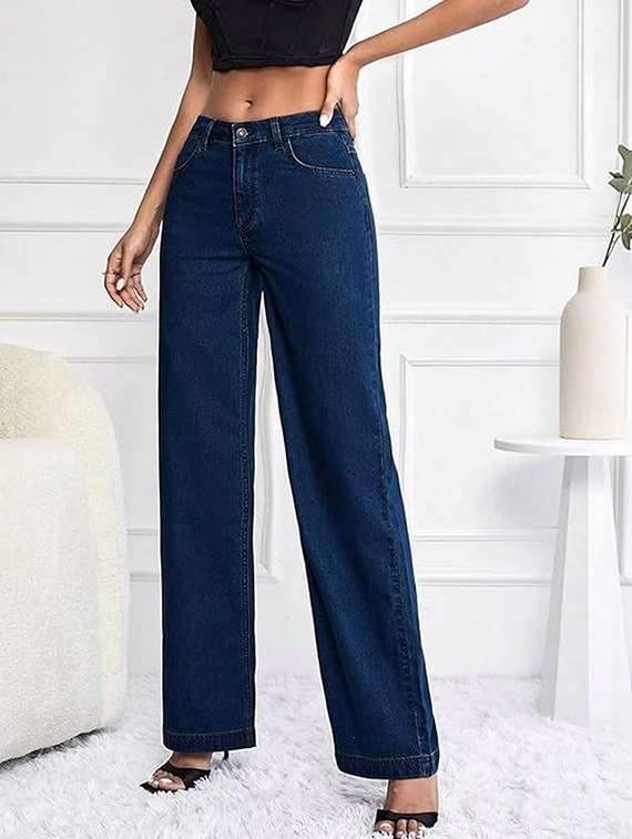 women solid high rise wide leg jeans