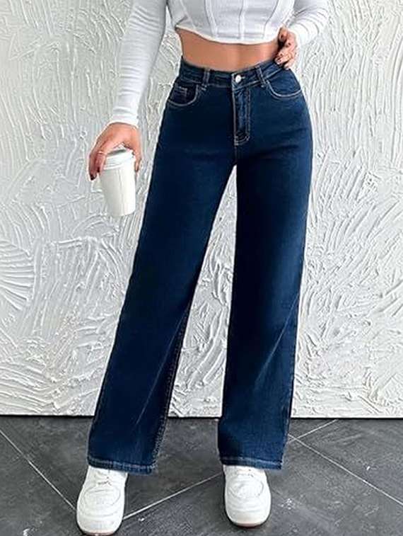 women solid high rise straight jeans