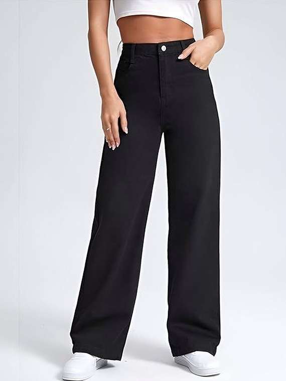 women solid high rise relaxed fit jeans
