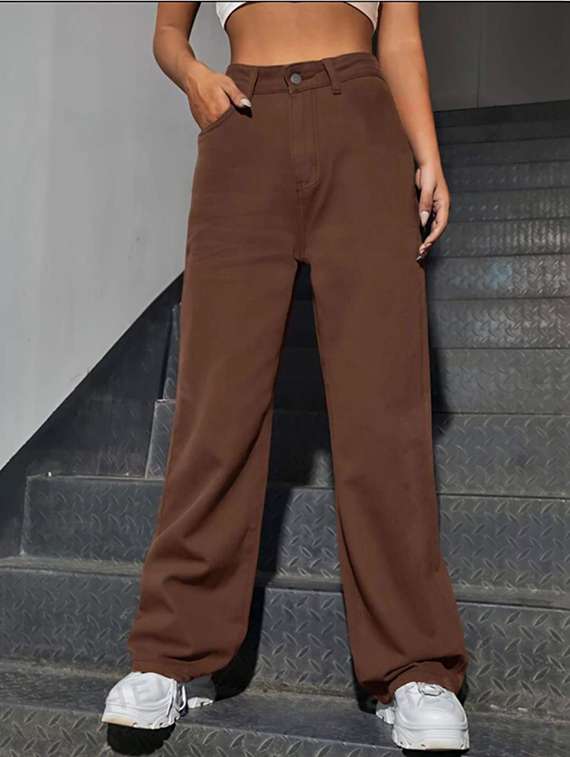 women solid high rise wide leg jeans