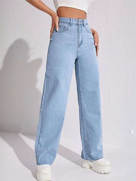 women solid high rise straight jeans