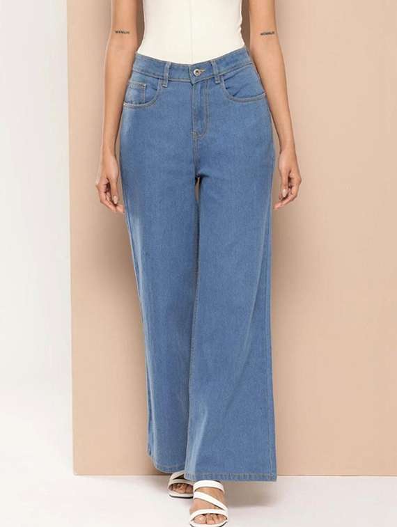 women solid high rise wide leg jeans