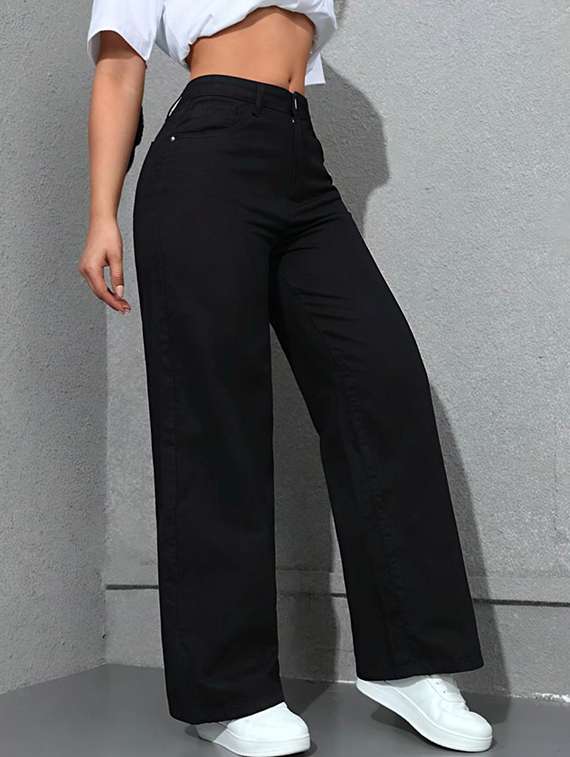 women solid high rise straight jeans