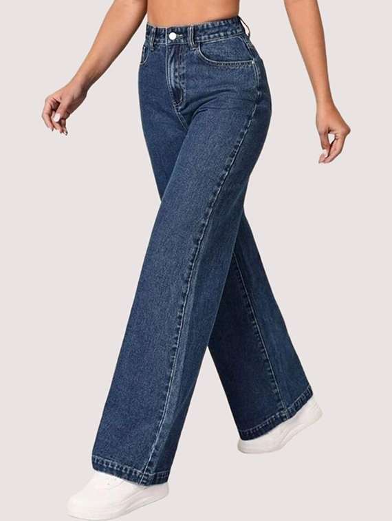women solid high rise wide leg jeans