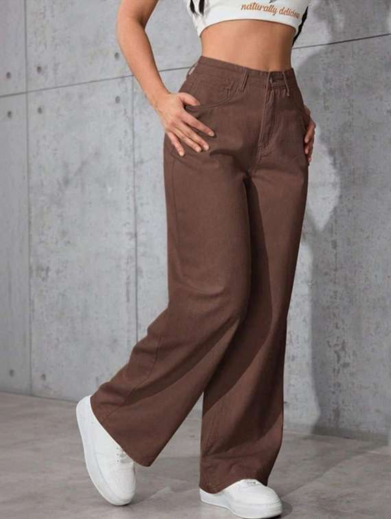 women solid high rise wide leg jeans