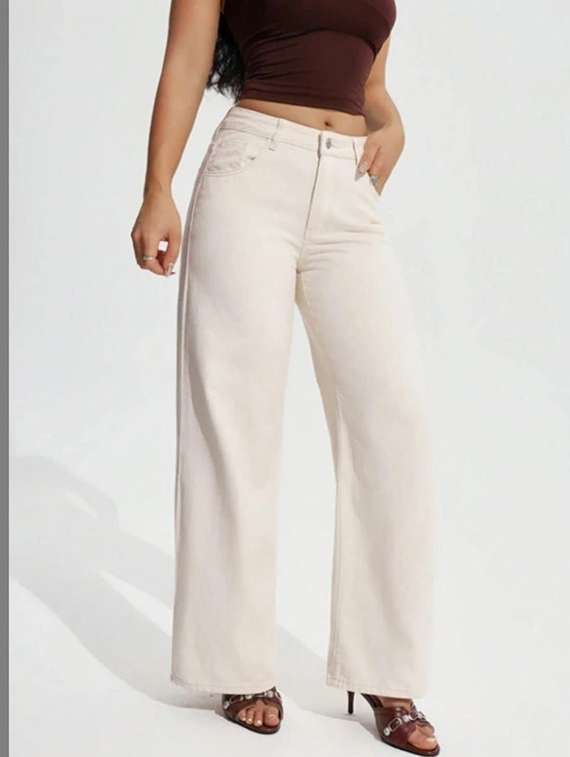 women solid high rise wide leg jeans