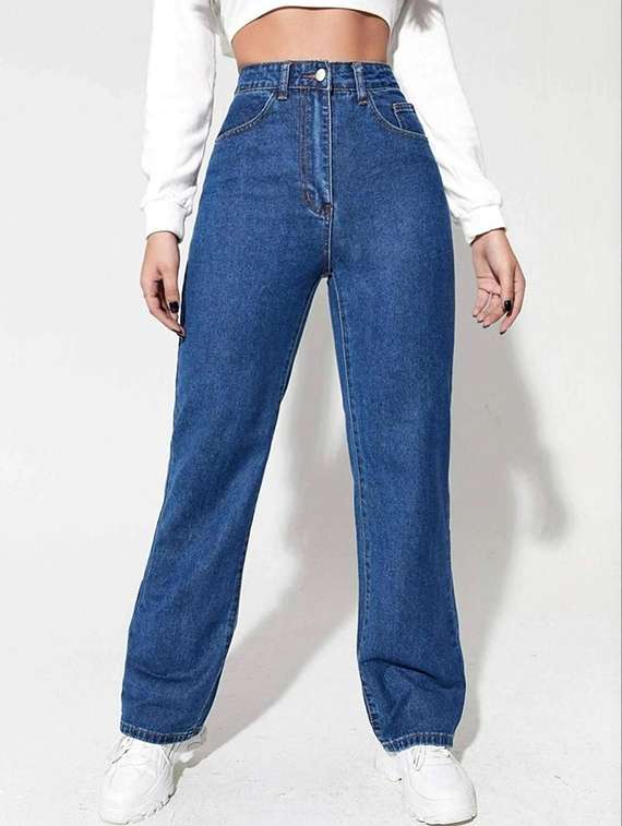 women solid high rise straight jeans