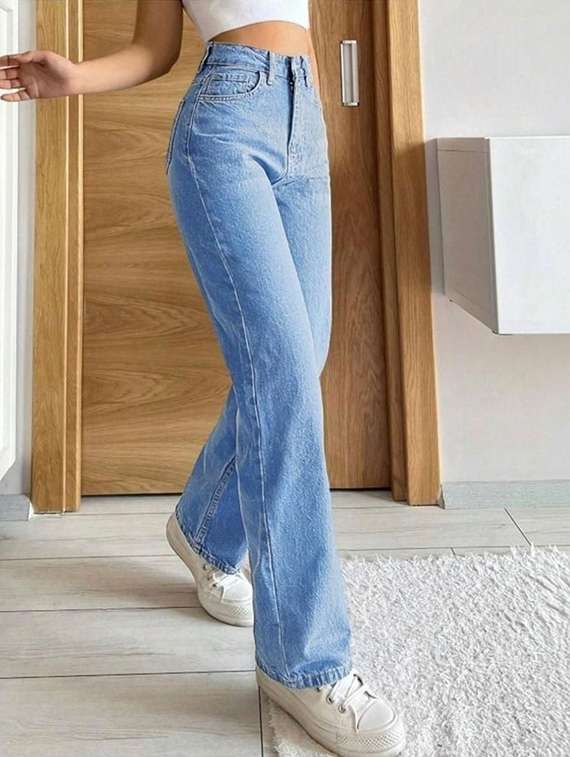 women solid high rise straight jeans