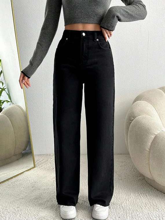 women solid high rise straight jeans