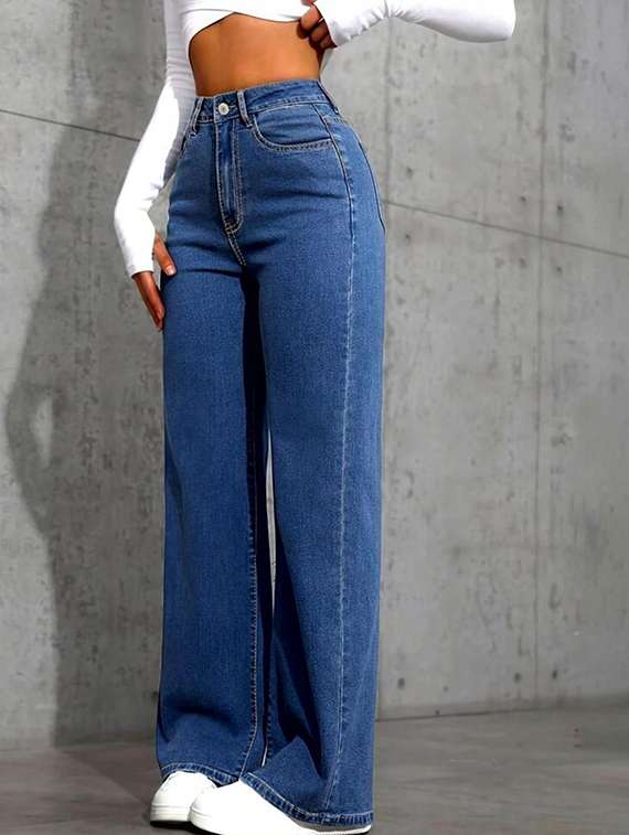 women solid high rise straight jeans