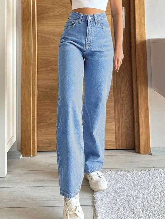 women solid high rise straight jeans