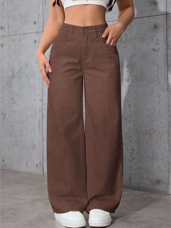 women solid high rise wide leg jeans