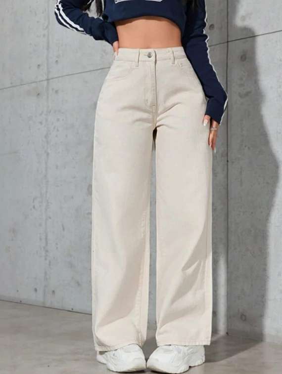 women solid high rise wide leg jeans