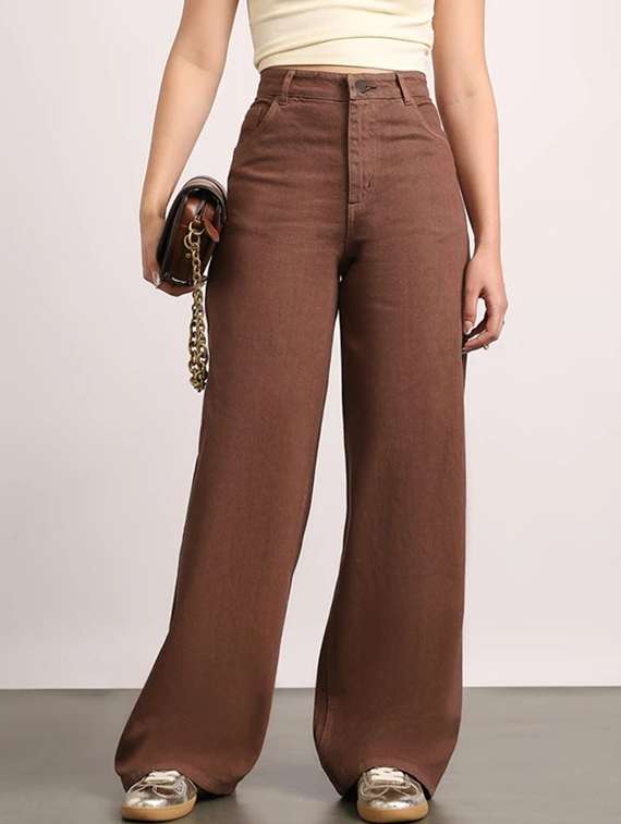 women solid high rise wide leg jeans