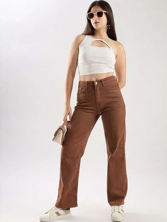women solid high rise straight jeans