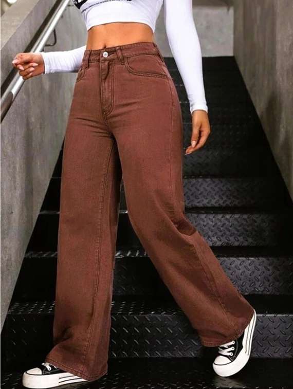 women solid high rise wide leg jeans