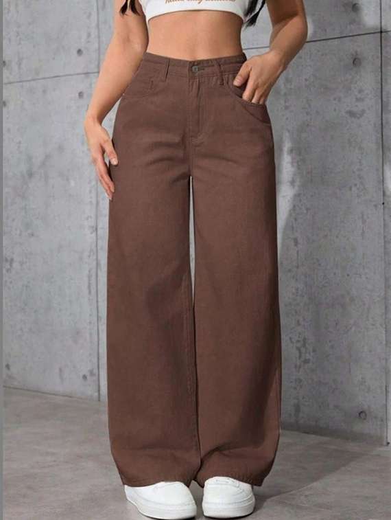 women solid high rise wide leg jeans