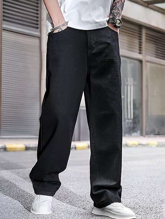 men solid mid rise baggy jeans