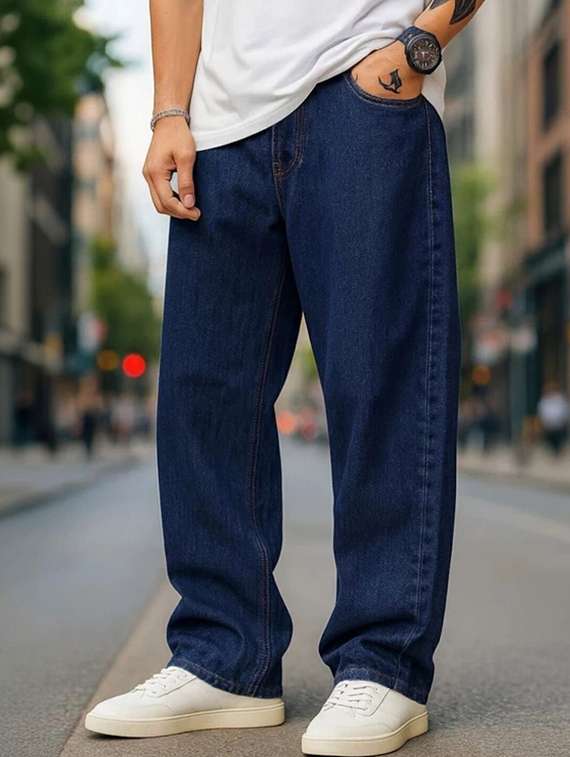 men solid mid rise baggy jeans