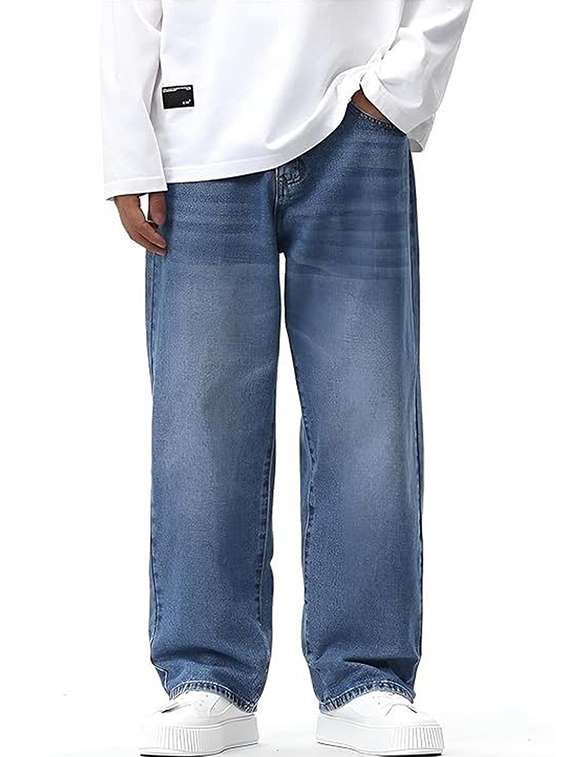 men solid mid rise baggy jeans