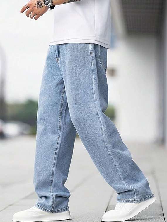 men solid mid rise baggy jeans