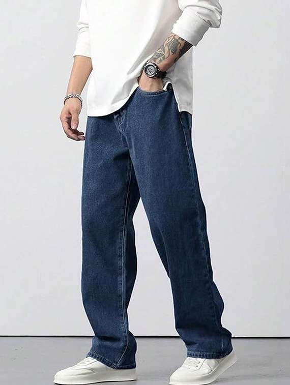 men solid mid rise baggy jeans