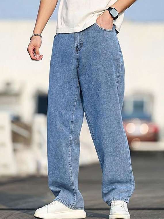 men solid mid rise baggy jeans