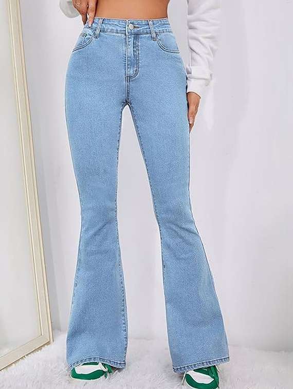 women solid high rise bootcut jeans