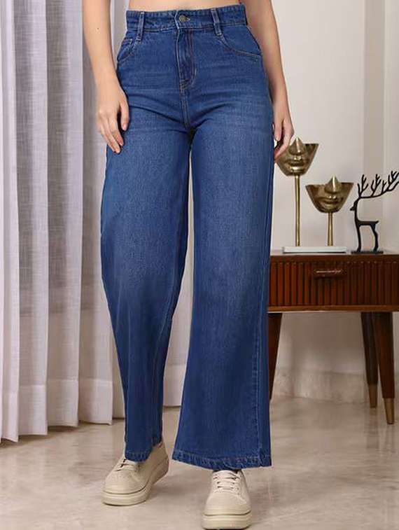 women solid high rise wide leg jeans
