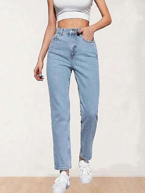 women solid high rise mom fit jeans