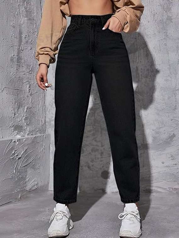 women solid high rise mom fit jeans