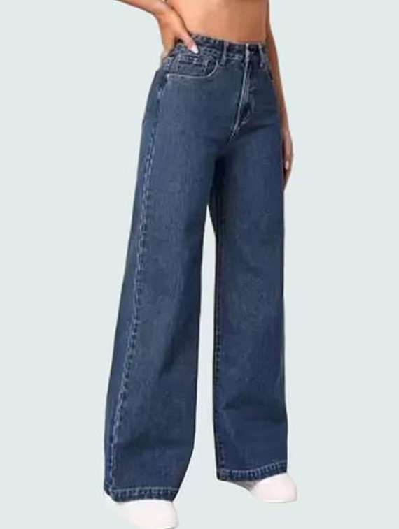 women solid high rise wide leg jeans