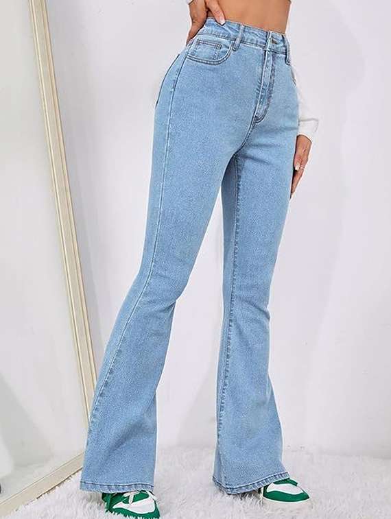 women solid high rise bootcut jeans