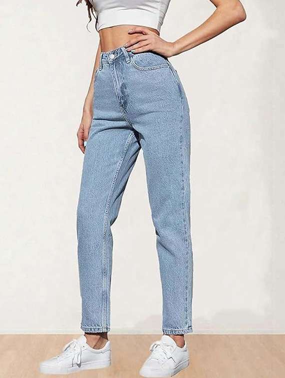 women solid high rise mom fit jeans