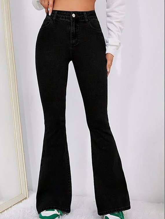women solid high rise bootcut jeans