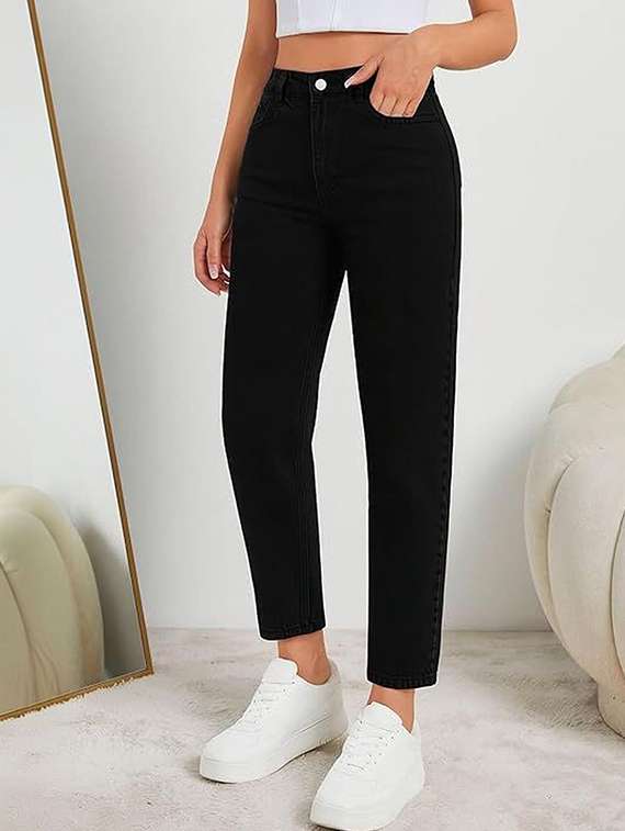 women solid high rise mom fit jeans