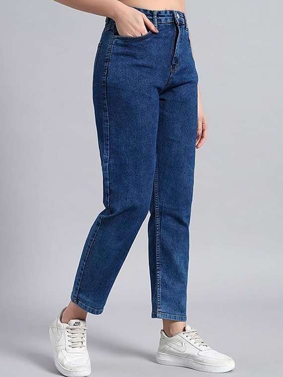 women solid high rise mom fit jeans