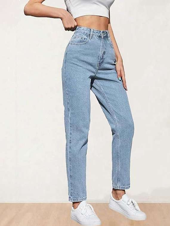 women solid high rise mom fit jeans