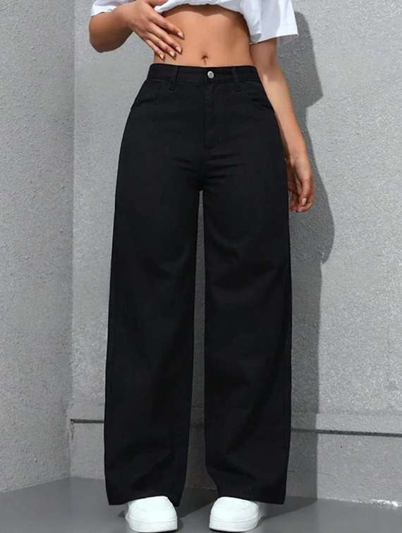 women solid high rise wide leg jeans