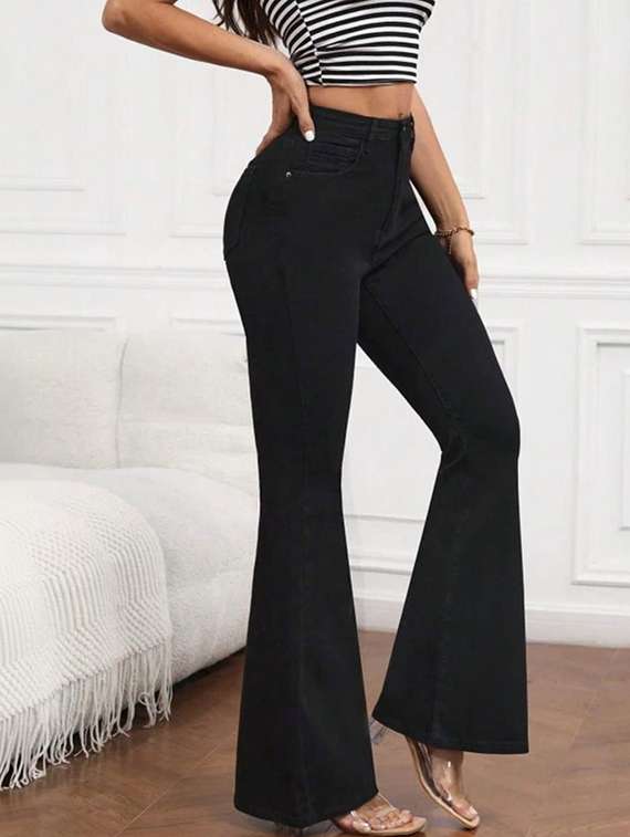 women solid high rise bootcut jeans