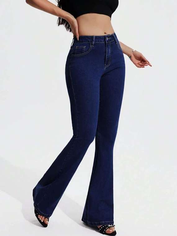 women solid high rise bootcut jeans